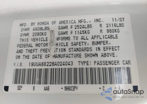 2008 Acura Tl 3.2 из США, поврежденный, VIN 19UUA66228A024043